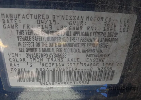 2019 Nissan Sentra S z USA, uszkodzony, nr VIN 3N1AB7APXKY345938